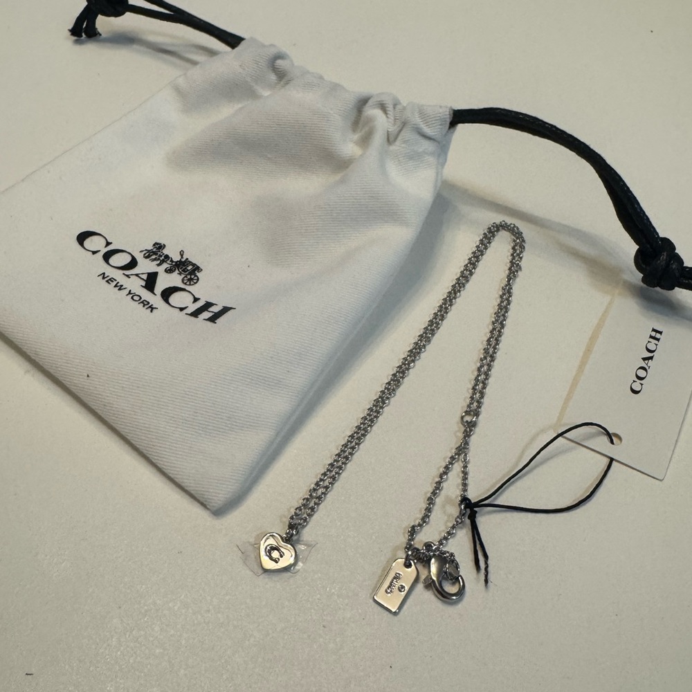 Coach Silver Heart Pendant Necklace with Drawstring Pouch